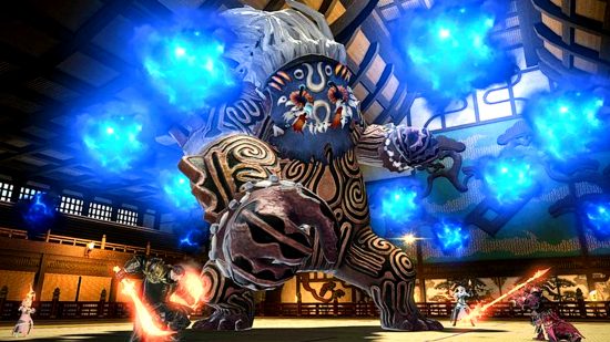 FFXIV - Hiruko, a large boss encountered in the Heaven on High with a tribal design, surrounded by floating blue flames