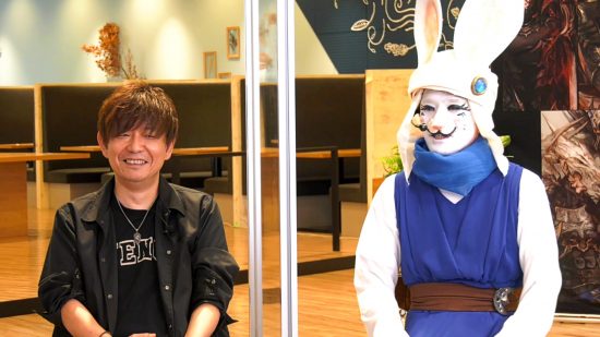 FFXIV Live Letter 73 - director Naoki Yoshida and community producer Toshio Murouchi, the latter in a full Loporrit cosplay