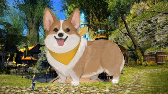FFXIV corgi minion concept art in front of an image of the New Gridania town square