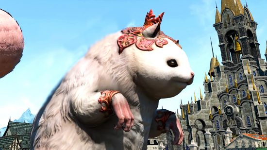 FFXIV players horrified by new mount - Silkie, a large rodent standing on its hind legs,with a large spherical pom on the end of its tail