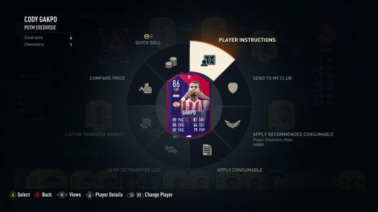 Best FIFA 23 customer tactics: a football player is surrounded by a wheel of menu options