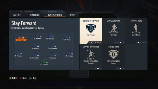 The best FIFA 23 customer tactics: a menu screen shows options to change player instructions