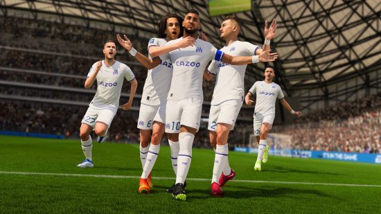 FIFA 23 Dynamic Duo SBC: a group of players dressed in white celebrate after scoring a goal