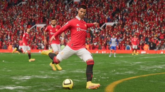 How to do a FIFA 23 power shot: a football player winds up to take a powerful shot