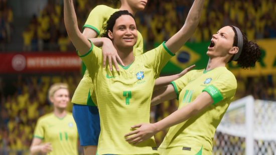 FIFA 23 Squad Battles rewards time: a group of footballs celebrate after scoring a goal