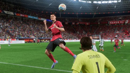 FIFA 23 strikers best: Patrik Schick leaps above Yan Sommer before heading the ball into the back of the net