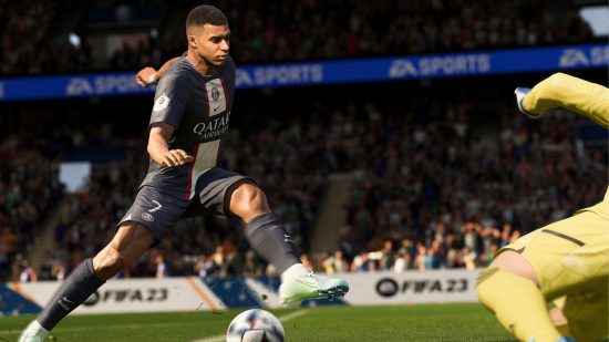 FIFA 23 Wonderkids: Mbappe doing a skill move past the goalkeeper