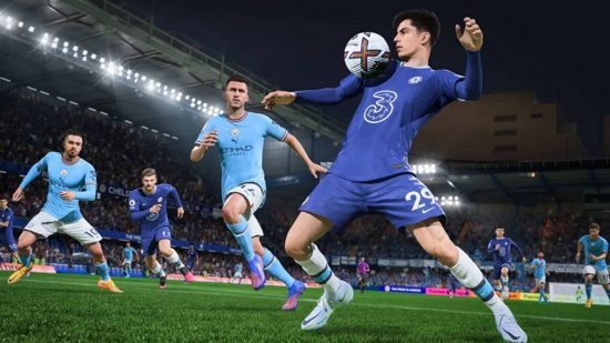 FIFA 23 wonderkids: Mason Mount chesting down the ball vs Man City