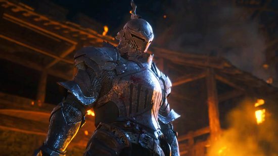 Final Fantasy 16 release date: A knight in plate armour is lit by flames in a medieval town at night