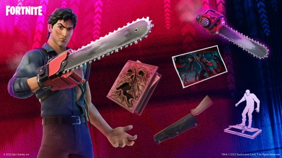 Fortnite ash williams evil dead. This image shows Ash Williams along with his unique items. .