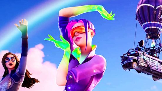 Fortnite bug - a character with purple hair and orange shades poses, her hands glowing bright green