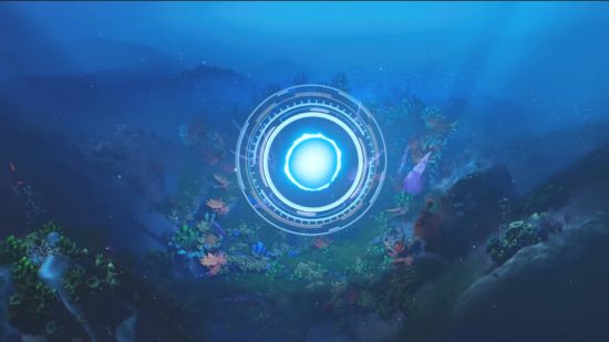 Fortnite Chapter 3 Season 5 release date: an AI is scanning the Zero Point, nestled between the coral in the middle of the lake. The Zero Point is glowing a bright blue.