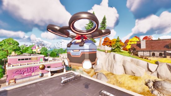 Fortnite map: A supply drone flying over a shopping mall and bowling alley.