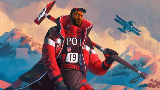 Ralph Lauren Fortnite outfits: a Fortnite character in a bold red Ralph Lauden winter jacket carrying a Ralph Lauren polo mallet, with snow-covered mountains and a biplane in the background