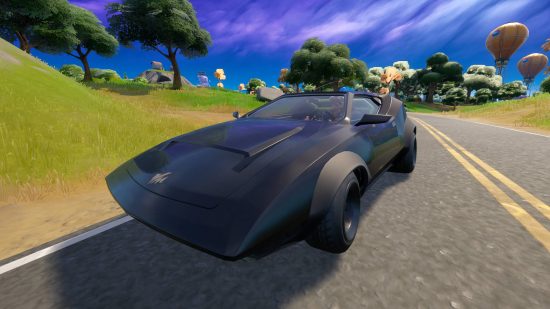 Fortnite Whiplash: Chun-Li is driving a black supercar on an open road.