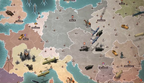 Free MMOs: Supremacy 1914. Image shows a world map with tanks, planes, and other military units on it.