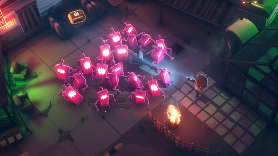 From Space Steam demo: A brown-haired character aims a pistol at a horde of blocky pink aliens with glowing mouths
