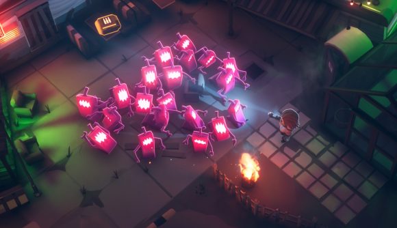 From Space Steam demo: A brown-haired character aims a pistol at a horde of blocky pink aliens with glowing mouths