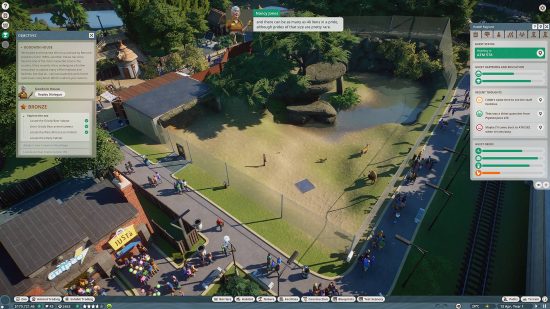 Game seperti Sims: Tinjauan kebun binatang di Planet Zoo, yang menggambarkan pengunjung berseliweran di jalur yang berbelok di sekitar kandang kosong.