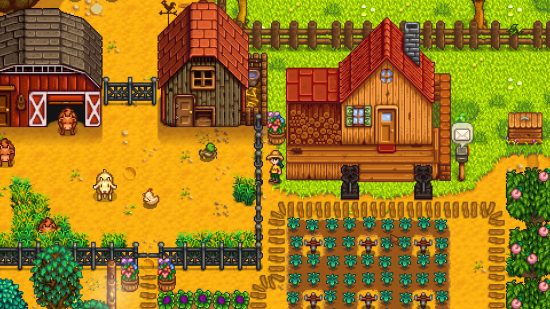 Game seperti Sims: Tinjauan tentang pertanian yang berkembang pesat di Stardew Valley, yang mencakup petak sayuran, kandang hewan, dan jalur kuno menuju rumah yang Anda warisi di awal sim pertanian.