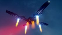 Generation Zero Dark Skies update: A flying robotic machine called a Firebird hovers in the night sky, its four arms stretched in a cross formation and jets firing to keep it aloft