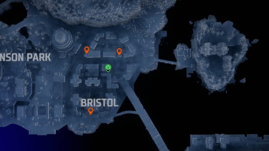 Gotham Knights Batarangs: pines naranjas que muestran las ubicaciones de Batarang en Bristol.