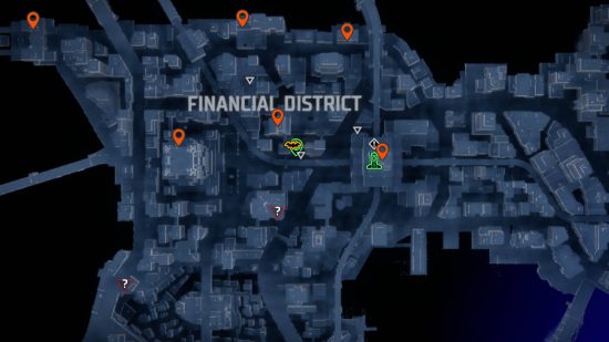 Gotham Knights Batarangs: prendedores naranjas que muestran las ubicaciones de Batarang en el distrito financiero.