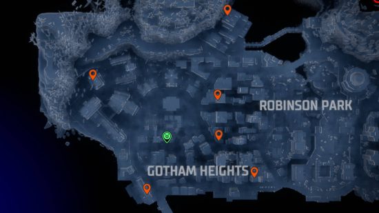 Gotham Knights Batarangs: orange pins showing the Batarang locations in Gotham Heights.