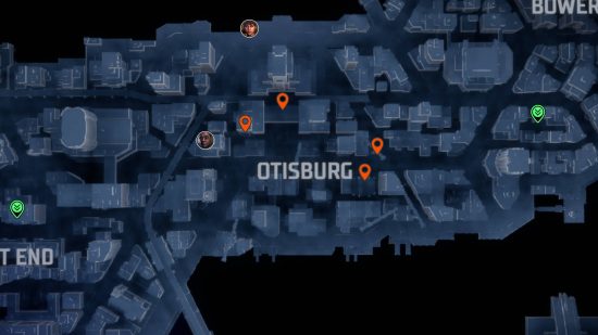 Gotham Knights Batarangs: pines naranjas que muestran las ubicaciones de Batarang en Otisburg.