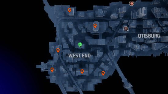 Gotham Knights Batarangs: pines naranjas que muestran las ubicaciones de Batarang en West End.
