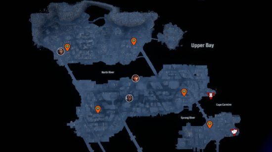 Viaje rápido de Gotham Knights: todas las regiones del norte de Gotham City con pines naranjas.