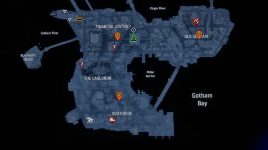 Gotham Knights fast travel: all of the southern Gotham City regions with orange pins.