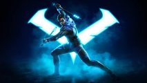Gotham Knights protagonist Nightwing, stands ready to fight, his blue logo behind him, illuminating the dark
