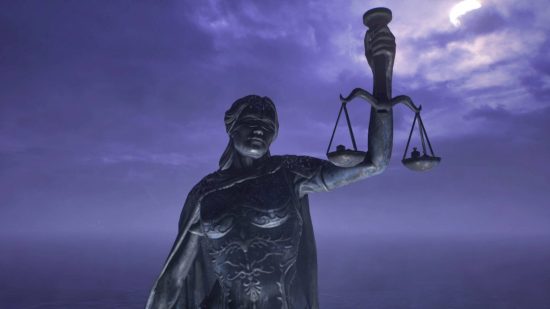 Gotham Knights landmarks: the Statue of Justice is wearing armour and holds the scales of justice. She stands triumphantly in the moonlight looking out at the sea.