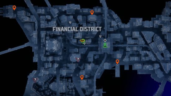 Gotham Knights landmarks: orange pins showing the locations of the landmarks in Financial District.