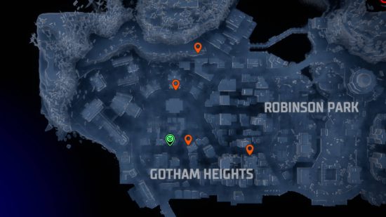 Gotham Knights landmarks: orange pins showing the locations of the landmarks in Gotham Heights.