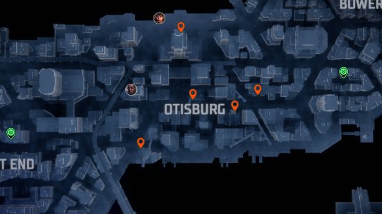 Gotham Knights landmarks: orange pins showing the locations of the landmarks in Otisburg.