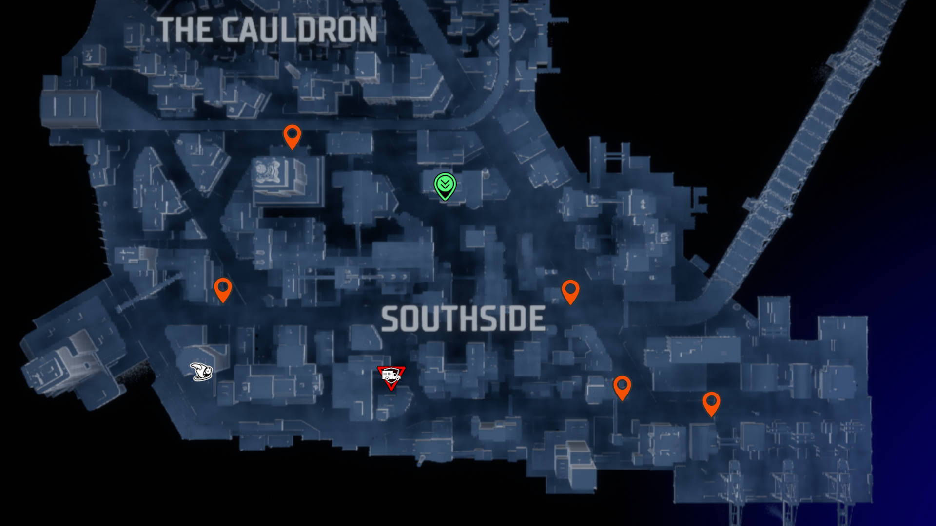 Gotham Knights landmarks: orange pins showing the locations of the landmarks in Southside.