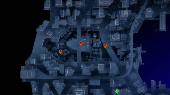Gotham Knights landmarks: orange pins showing the locations of the landmarks in The Cauldron.