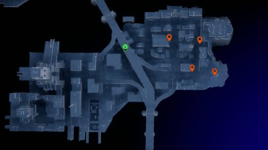 Gotham Knights landmarks: orange pins showing the locations of the landmarks in Tricorner Island.