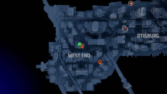 Gotham Knights landmarks: orange pins showing the locations of the landmarks in West End.