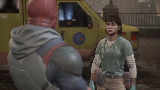 Danh sách nhiệm vụ của Hiệp sĩ Gotham: Red Hood đang nói chuyện với một EMT đứng cạnh xe cứu thương màu vàng của cô