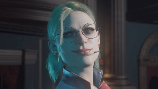 Gotham Knights missions list: Harley Quinn is wearing glasses and a headset. She is smirking.
