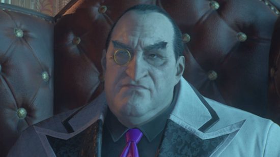 Gotham Knights missions list: Oswald Cobblepot is sitting on a large leather chair with studs. He is wearing a white jacket, black shirt, purple tie, and a monocle.