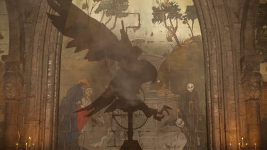 Gotham Knights Owl Puzzle: Μια τοιχογραφία με μια σκιά μιας κουκουβάγιας που χυτεύεται πάνω του. Αντιμετωπίζει το δικαίωμα με τα talons του επικεντρωμένα σε έναν άνδρα σε μια μάσκα