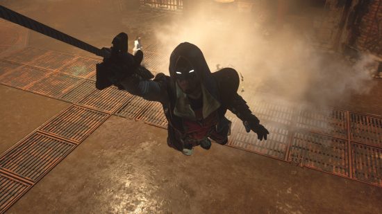 Gotham Knights smoke bomb: Robin using a smoke bomb and grapple to escape from enemies.
