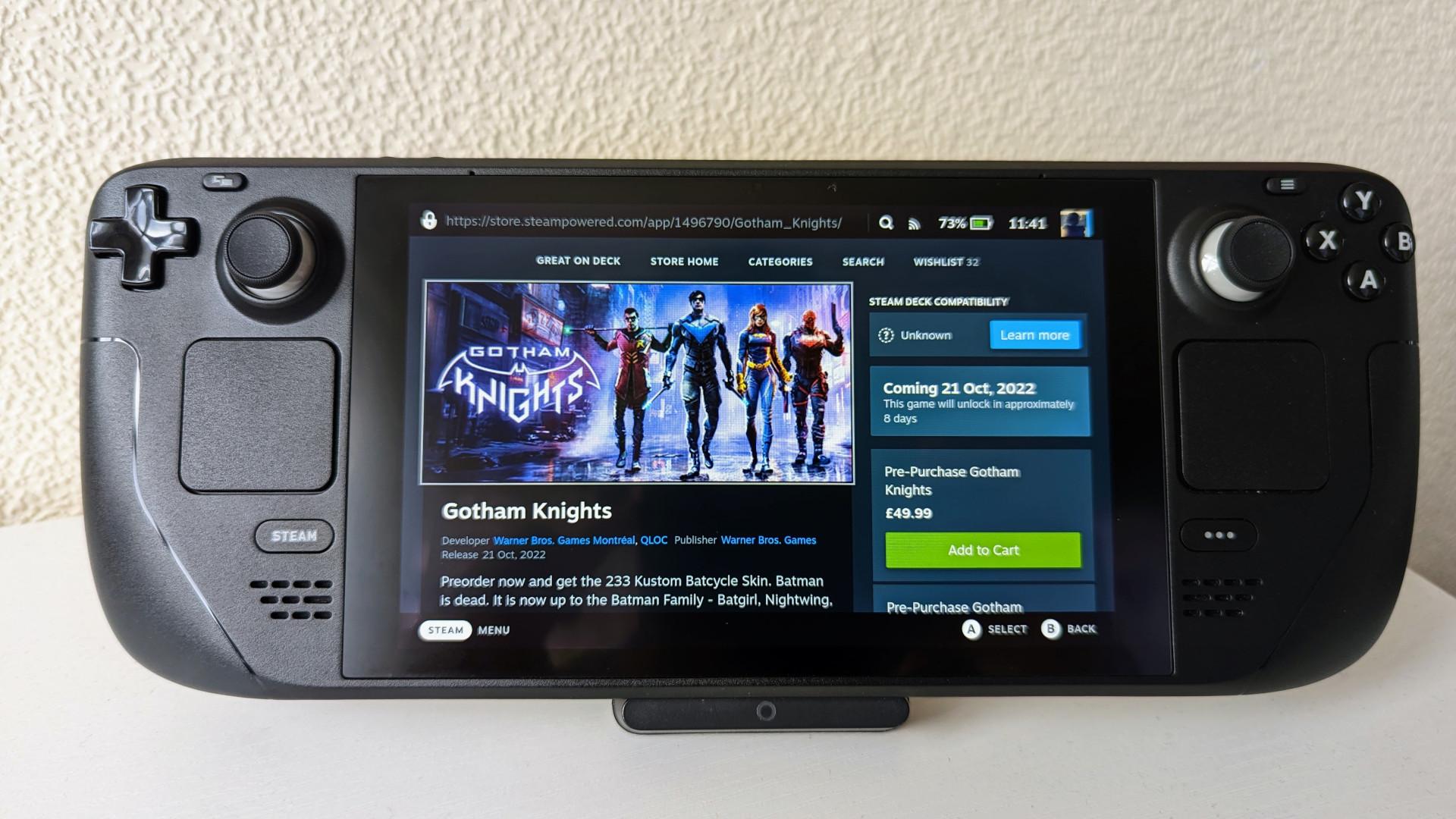 A Steam Deck with the Gotham Knights store page on its display