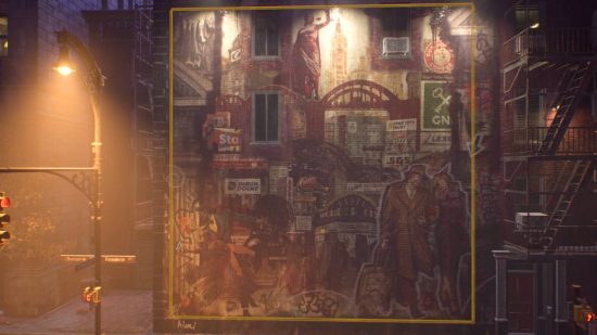 Gotham Knights Street Art: uno de los muchos graffiti de arte callejero en la cima de una pared de ladrillos. La escena representa un distrito comercial con muchas señales de tiendas y varias personas en la calle. La pareja de la izquierda está bailando y la pareja a la derecha se sostiene los brazos del otro mientras el hombre arrastra una maleta para ruedas