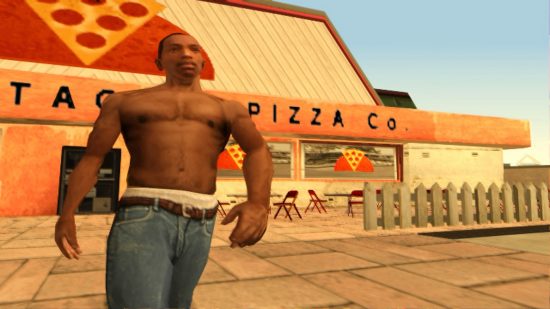 GTA 5 mod adds huge San Andreas map to Rockstar sandbox game: CJ from Grand Theft Auto: San Andreas walks out from Pizza Stack