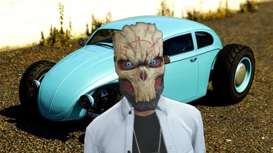 GTA Online - Grand Theft Auto 5 - the new BF Weevil Custom hot rod, with a character wearing the Death Mask